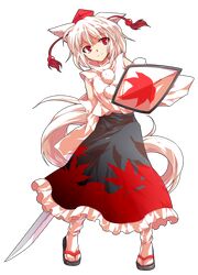  1girl alphes_(style) animal_ears blush dairi detached_sleeves hat highres inubashiri_momiji katana parody red_eyes shield skirt smile solo style_parody sword tail tokin_hat touhou weapon wolf_ears wolf_tail 