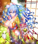  1girl blue_eyes blue_hair blush breasts character_request cleavage floral_print flower fuji_minako japanese_clothes kimono lamp large_breasts long_hair long_sleeves sangoku_infinity solo sparkle wavy_hair 