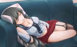  1girl agano_(kantai_collection) black_hair black_legwear blush breasts cleavage closed_eyes collarbone couch garter_straps gloves highres kantai_collection large_breasts long_hair open_mouth pillow school_uniform serafuku single_thighhigh skirt sleeping solo thigh-highs urigarasu white_gloves 