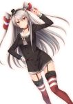  1girl amatsukaze_(kantai_collection) brown_eyes garter_straps ha_rk kantai_collection long_hair looking_at_viewer personification red_legwear school_uniform serafuku silver_hair simple_background solo striped striped_legwear thigh-highs twintails two_side_up 