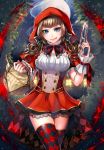  1girl :q basket blue_eyes bottle bowtie brown_hair checkered checkered_legwear dress gun holding_weapon hood lace-trimmed_skirt little_red_riding_hood little_red_riding_hood_(grimm) long_hair looking_at_viewer matsurika_youko moon red_nails short_sleeves smirk solo thigh-highs tongue twintails weapon zettai_ryouiki 