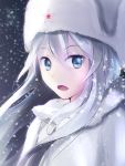  1girl absurdres blue_eyes coat fur_hat hammer_and_sickle hat hibiki_(kantai_collection) highres kantai_collection lips long_hair open_mouth personification silver_hair snowing solo star tbd11 ushanka verniy_(kantai_collection) 