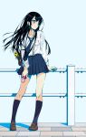 1girl black_hair blue_eyes blush digital_media_player earphones highres long_hair murakami_suigun original school_uniform smile solo standing 