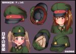  2girls absurdres blonde_hair blush border brown_eyes brown_hair chuunibyou_demo_koi_ga_shitai! dekomori_sanae hat heitai_maboroshi_yoi highres military military_hat military_uniform multiple_girls nibutani_shinka open_mouth tagme translation_request twintails uniform 