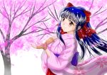  1girl blue_hair bow brown_eyes cherry_blossoms fingerless_gloves gloves h.i.t_(59-18-45) hair_bow japanese_clothes kimono long_hair ponytail sakura_taisen shinguuji_sakura 