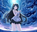  1girl black_hair breasts camisole cleavage clouds cloudy_sky cupping_hands fisheye from_below hair_ornament hairpin large_breasts long_hair moonlight nail_polish night night_sky original pale_skin pleated_skirt skirt sky smile solo wading wristband yellow_eyes yonggi 