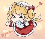  1girl :3 animal_ears blonde_hair cat_ears cat_girl cat_tail chibi closed_eyes dress eyebrows fang_out fish flandre_scarlet kemonomimi_mode no_wings nobu_baka outstretched_hand red_dress running side_ponytail solo tail touhou wavy_mouth wristband 