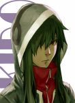  1girl character_name green_hair hair_over_one_eye hood hoodie kagerou_project kido_tsubomi long_hair looking_at_viewer lowrain red_eyes serious solo 