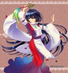  1girl black_hair dress fuji_minako green_eyes japanese_clothes jewelry long_hair long_sleeves necklace red_dress smile solo unmei_no_clan_battle 