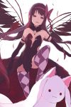  1girl akemi_homura akuma_homura black_gloves black_hair bow dress elbow_gloves gloves hairband highres kokoro6636 kyubey long_hair mahou_shoujo_madoka_magica mahou_shoujo_madoka_magica_movie purple_legwear rough simple_background smile spoilers stepped_on thigh-highs violet_eyes white_background wings 