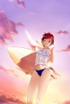  1girl bikini brown_eyes brown_hair clouds flat_chest hayakawa_akari highres navel one_eye_closed original short_hair solo sunset surfboard swimsuit towel wet wet_clothes wet_shirt wink 