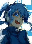  1girl blue_eyes blue_hair character_name ene_(kagerou_project) fang headphones kagerou_project looking_at_viewer lowrain open_mouth short_hair smile solo track_jacket twintails 