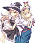  2girls 6980_(aaaaaadka) alice_margatroid apron arm_behind_head blonde_hair blue_eyes bow braid capelet doll_on_head dress hair_bow hairband hand_on_own_chest hat hat_ribbon head_tilt kirisame_marisa light_frown lolita_hairband long_hair looking_at_viewer multiple_girls puffy_short_sleeves puffy_sleeves ribbon sash shanghai_doll short_hair short_sleeves simple_background single_braid skirt skirt_set smile touhou waist_apron white_background witch_hat yellow_eyes 