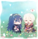  1boy 1girl :d :o ^_^ blue_eyes blue_hair butterfly chibi closed_eyes fire_emblem fire_emblem:_kakusei flower grass hair_between_eyes happy heart hooded_jacket long_hair lucina mark_(fire_emblem) nintendo open_mouth pants seiza sitting smile spoken_heart striped striped_legwear symbol-shaped_pupils tiara tusia vertical-striped_legwear vertical_stripes white_hair 