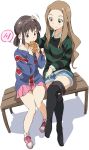  2girls bare_legs bench black_boots blush boots brown_eyes brown_hair crossed_legs denim denim_shorts eating food green_eyes hand_on_another&#039;s_head holding holding_food katayama_minami kikuma_kaya knees_together_feet_apart light_brown_hair long_hair long_sleeves looking_at_another multiple_girls patting_head pink_skirt short_hair short_twintails shorts simple_background sitting_on_bench skirt smile speech_bubble spoken_blush striped striped_sweater sweater taiyaki thigh-highs thigh_boots twintails umanosuke wagashi wake_up_girls! white_background 