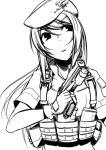  1girl gun hat hetza_(hellshock) load_bearing_vest looking_up magazine_(weapon) military military_uniform monochrome original pistol short_sleeves simple_background solo triangle_mouth trigger_discipline uniform weapon weapon_request white_background 