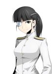  1girl black_hair eyepatch hetza_(hellshock) long_hair looking_at_viewer ponytail sakamoto_mio simple_background smile solo strike_witches uniform white_background 