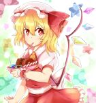  1girl ascot blonde_hair bowl candy chocolate_bar crystal doughnut dress flandre_scarlet hair_ribbon hat looking_at_viewer low_wings mouth_hold nobu_baka outstretched_arm pocky puffy_short_sleeves puffy_sleeves red_dress red_eyes ribbon short_hair short_sleeves side_ponytail skirt solo star star-shaped_pupils starry_background sweets symbol-shaped_pupils touhou wings 
