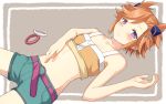  1girl bare_shoulders belt blush bracelet buckle captain_earth cccpo denim denim_shorts hair_ornament hand_on_own_stomach jewelry lying midriff navel orange_hair shirt_lift short_hair shorts solo tank_top unbuckled_belt violet_eyes yomatsuri_akari 