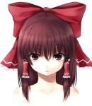  1girl bare_shoulders bow brown_hair bust frown hair_bow hair_tubes hakurei_reimu highres looking_at_viewer payot red_eyes short_hair simple_background solo sudako_(dai011305) touhou white_background 