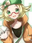  1girl :d absurdres bianca_(pokemon) blonde_hair bow glasses green_eyes green_headwear hat highres hood hooded_jacket jacket kurumiya_(krmy_p) looking_at_viewer open_clothes open_jacket open_mouth orange_jacket outline pokemon pokemon_(game) pokemon_bw2 shirt short_hair smile solo teeth twitter_username upper_body upper_teeth white_bow white_shirt 