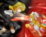  2girls :d battle black_wings blonde_hair blouse clash darkness dress ex-rumia flandre_scarlet long_hair mob_cap multiple_girls open_mouth red_eyes rody_(hayama_yuu) rumia serious side_ponytail skirt smile sparks sword touhou vest weapon wings 