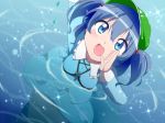  1girl arm_up blue_eyes blue_hair bwell hair_bobbles hair_ornament hand_on_own_face hat kawashiro_nitori key long_sleeves looking_at_viewer open_mouth partially_submerged ripples short_hair skirt skirt_set solo sparkle touhou twintails water water_droplets 