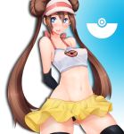  1girl alternate_legwear arms_behind_back black_legwear black_panties blue_eyes blush breasts brown_hair crop_top detached_sleeves double_bun gloves hat long_hair lowleg lowleg_panties mei_(pokemon) panties pantyshot pantyshot_(standing) pitui1996 pokeball_symbol pokemon pokemon_(game) pokemon_bw2 skindentation skirt solo standing thighs twintails underwear visor_cap 