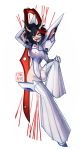  1girl alternate_costume bags_under_eyes blood blood_from_mouth blood_splatter covered_navel crazy_eyes detached_pants highres horns huge_weapon jenna_brown junketsu kill_la_kill matoi_ryuuko messy_hair scissor_blade solo spoilers weapon 