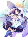  &gt;:) 1girl absurdres blue_legwear breasts cape elbow_gloves fire garter_straps gloves hat highres hirano_katsuyuki magic_circle purple_hair skirt tagme thigh-highs violet_eyes witch_hat 