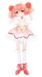  1girl bow choker dress gloves hair_bow hair_ribbon kaname_madoka magical_girl mahou_shoujo_madoka_magica pink_eyes pink_hair ribbon shoes short_twintails socks soul_gem twintails womu 