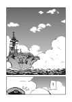  1boy admiral_(kantai_collection) aircraft_carrier clouds comic hyuuga_(jmsdf) kantai_collection monochrome ocean sky translated uemukai_dai 