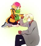  1boy 1girl aquarion_(series) aquarion_evol blonde_hair coat gloves gradient_hair green_eyes hair_ornament highres jin_musou multicolored_hair orange_hair purple_hair shokill short_hair stuffed_animal stuffed_toy tama_(aquarion) yunoha_thrul 