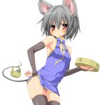  1girl 5240mosu alternate_costume animal animal_ears armpits bamboo_steamer black_legwear blue_dress blush bridal_gauntlets dress grey_hair jewelry looking_at_viewer mouse mouse_ears mouse_tail nazrin necklace petite red_eyes short_hair simple_background sleeveless smile solo tagme tail thigh-highs touhou turtleneck white_background 