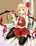  1girl absurdres apple ascot black_legwear blonde_hair brown_background choker fingernails flandre_scarlet food fruit hair_ribbon highres looking_at_viewer no_hat no_shoes on_bed raised_hand red_eyes ribbon sharp_fingernails short_hair side_ponytail simple_background sitting skirt skirt_set smile solo thigh-highs touhou wariza wings wrist_cuffs xue_feng 