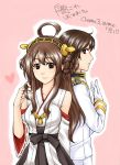  1boy 1girl admiral_(kantai_collection) ahoge bare_shoulders brown_hair comic detached_sleeves double_bun hair_ornament hairband heart highres japanese_clothes kantai_collection kongou_(kantai_collection) long_hair looking_at_viewer miyuika nontraditional_miko personification playing_with_own_hair translated 