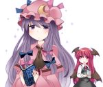  2girls black_dress book capelet commentary_request crescent dress dress_shirt hammer_(sunset_beach) hat head_wings koakuma long_hair multiple_girls necktie open_mouth patchouli_knowledge purple_hair reading red_eyes redhead shirt smile touhou translated violet_eyes 