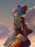  advent_cirno blood blood_on_face blue_eyes blue_hair bow cirno cuts dress injury keroro ribbon short_hair solo sword weapon 