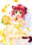  1girl :3 :d animal_ears blush bouquet cat_ears cat_tail child dress flower formal green_eyes lace-trimmed_dress mutou_mato open_mouth original redhead short_hair smile solo tail veil white_background yellow_dress 