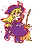  1girl arm_up blonde_hair book broom cerasus dress hat index_finger_raised long_hair madou_monogatari official_style purple_dress puyopuyo shaded_face shoes smile solo standing violet_eyes white_background witch_(puyopuyo) 