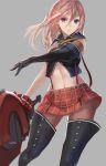  1girl alisa_ilinichina_amiella bare_shoulders blue_eyes boots brown_hair elbow_gloves gloves god_eater god_eater_2 grey_background highres long_hair navel no_hat simple_background solo swd3e2 thigh-highs thigh_boots 