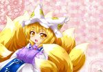  1girl animal_ears blonde_hair fox_ears fox_tail kazami_karasu multiple_tails short_hair solo tail touhou yakumo_ran yellow_eyes 