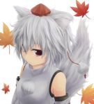  1girl animal_ears autumn_leaves bare_shoulders breasts detached_sleeves hat hidarikata inubashiri_momiji leaf looking_at_viewer pom_pom_(clothes) red_eyes shirt short_hair silver_hair solo tail tokin_hat touhou wolf_ears wolf_tail 