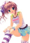  1girl :d ;q absurdres ahoge blue_eyes breasts brown_hair fang frilled_legwear hair_ornament hairclip highres long_hair looking_at_viewer one_eye_closed open_mouth original ryouka_(suzuya) scan side_ponytail skirt sleeveless sleeveless_shirt smile solo striped striped_legwear thighhighs tongue wink 