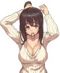  1girl adjusting_hair blush breasts brown_hair cleavage houtengeki jpeg_artifacts large_breasts long_hair mouth_hold original ponytail ribbed_sweater simple_background smile solo sweater violet_eyes white_background 