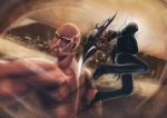  1boy alex_mercer battle blade city cityscape claws colossal_titan crossover exposed_muscle giant hood hooded_jacket hoodie lemoo monster muscle prototype_(game) shingeki_no_kyojin 