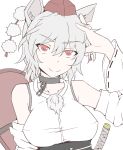  1girl animal_ears arm_at_side breasts collarbone detached_sleeves dog_collar hand_on_head hat highres inubashiri_momiji katana obi red_eyes sash shield short_hair smile solo sword tokin_hat touhou wavy_hair weapon white_clothes white_hair wide_sleeves 