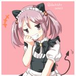  1girl alternate_costume bust darkside enmaided grin hair_bobbles hair_ornament kantai_collection looking_at_viewer maid maid_headdress pink_eyes pink_hair sazanami_(kantai_collection) smile solo tail twintails 