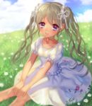  1girl blue_eyes brown_hair dress flower fuji_minako grass hair_ribbon long_hair original ribbon sitting sky smile solo twintails 