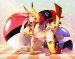  1girl all_fours animal_hood bell bottle breasts brown_hair cake character_doll food fruit gloves hood jingle_bell ling0101 long_hair looking_at_viewer open_mouth panties personification pikachu poke_ball pokemon red_eyes sash_ketchum_(pokemon)olo satoshi_(pokemon) strawberry tail thigh-highs under_boob underwear yellow_gloves yellow_legwear yellow_panties 